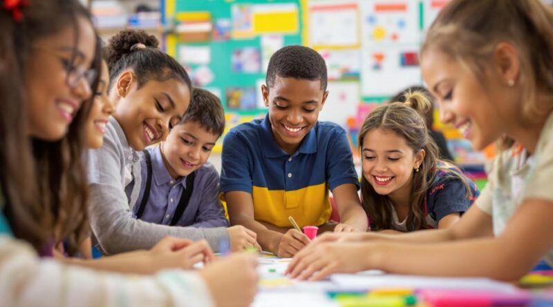 Siswa berkolaborasi di kelas dengan wajah ceria.